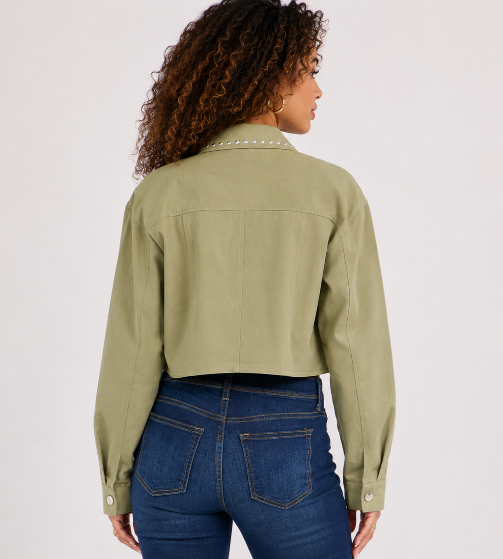 Alana Olive Crop Studded Denim Jacket