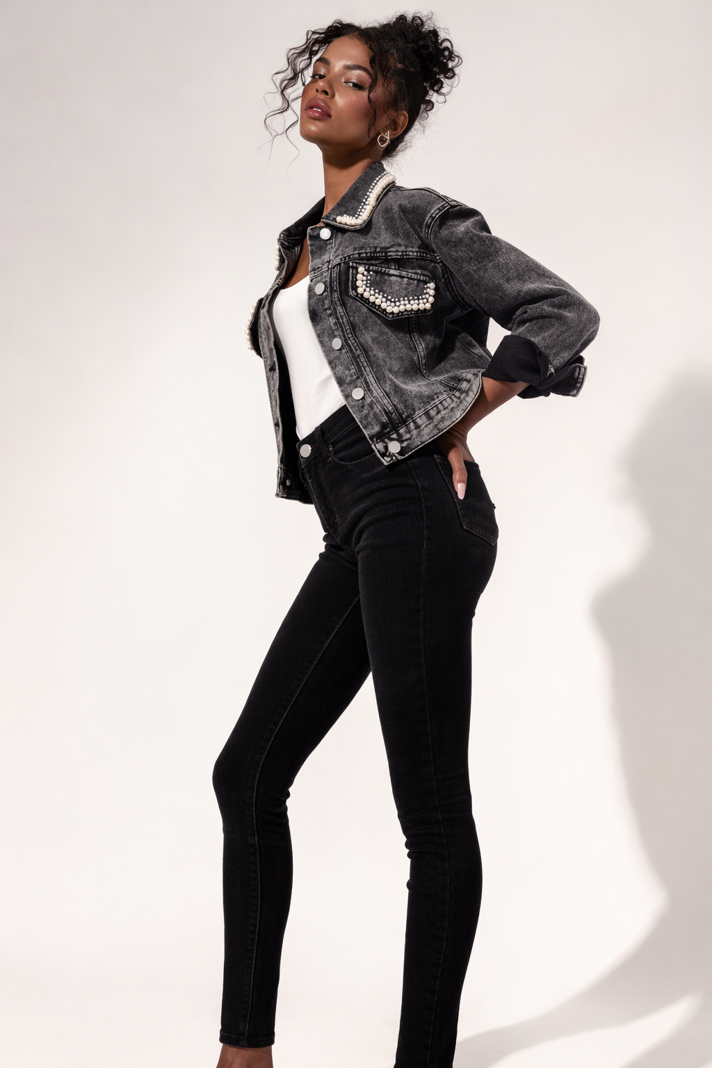 Vintage Pearl Trim Denim Jacket