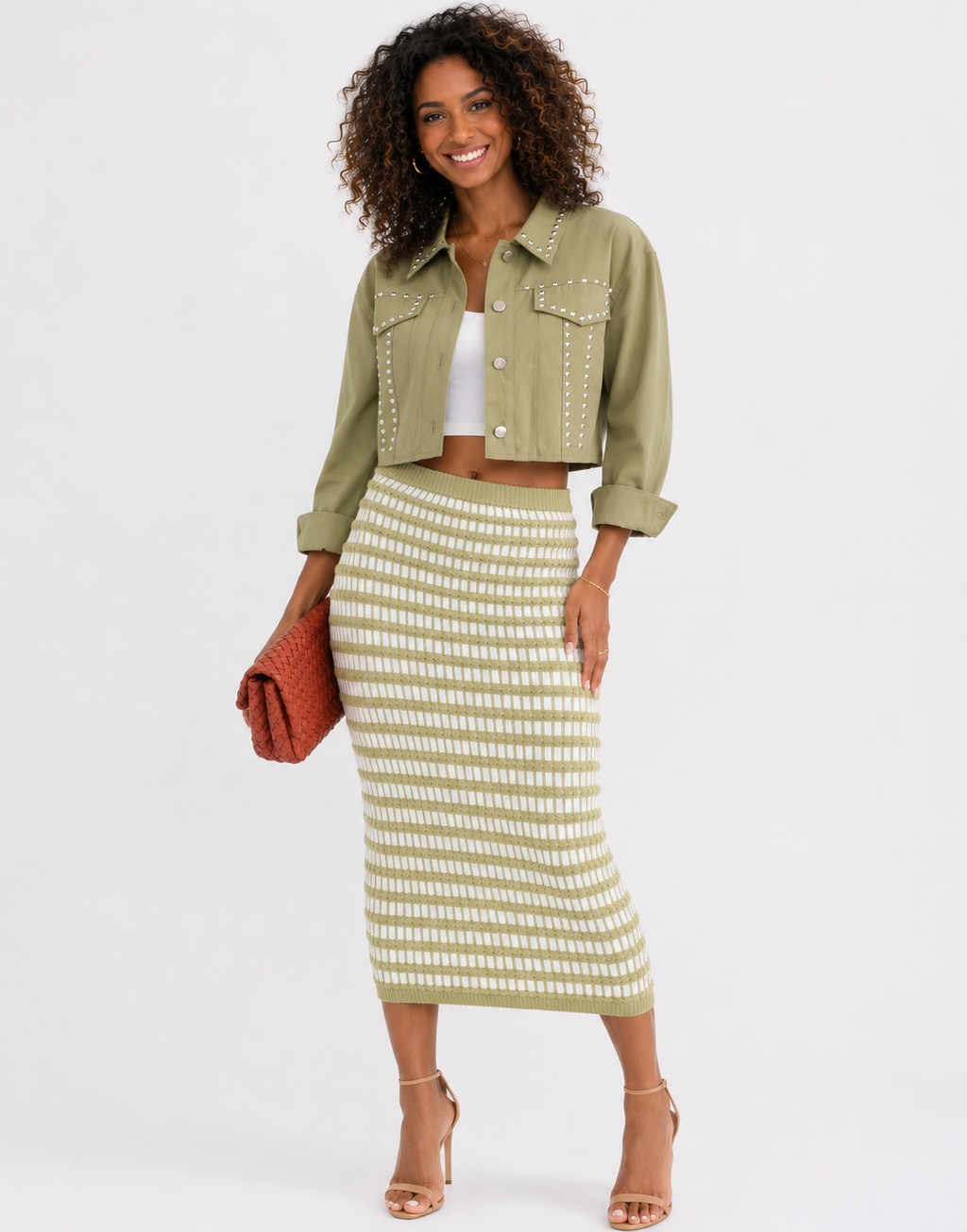 Alana Olive Crop Studded Denim Jacket