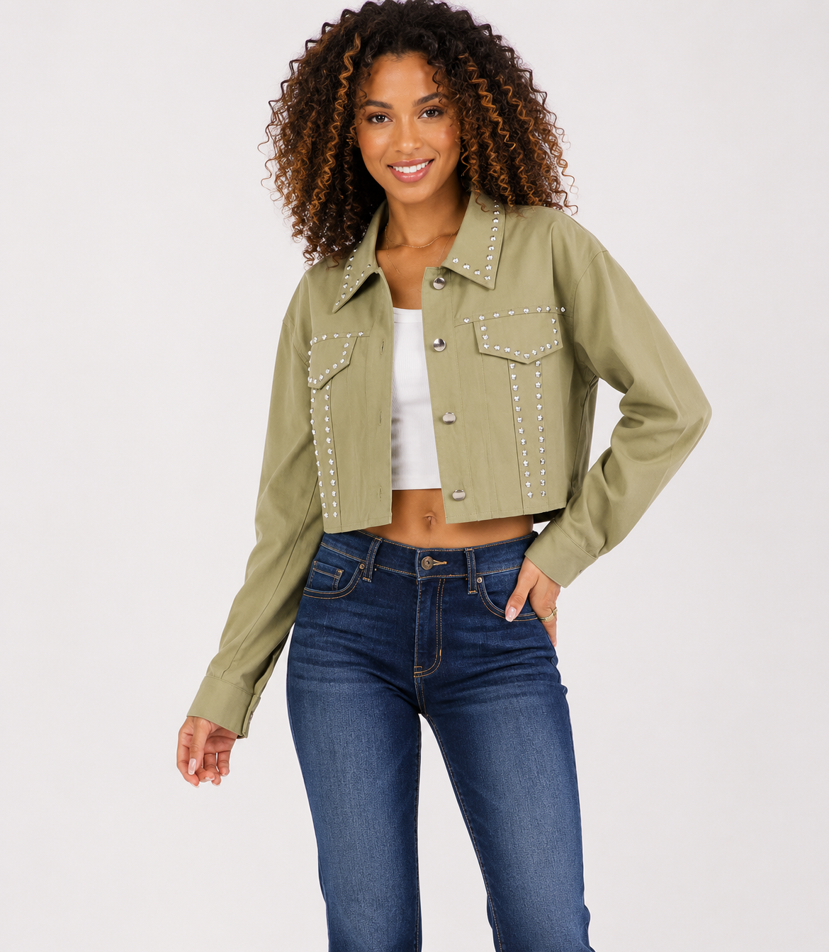Alana Olive Crop Studded Denim Jacket