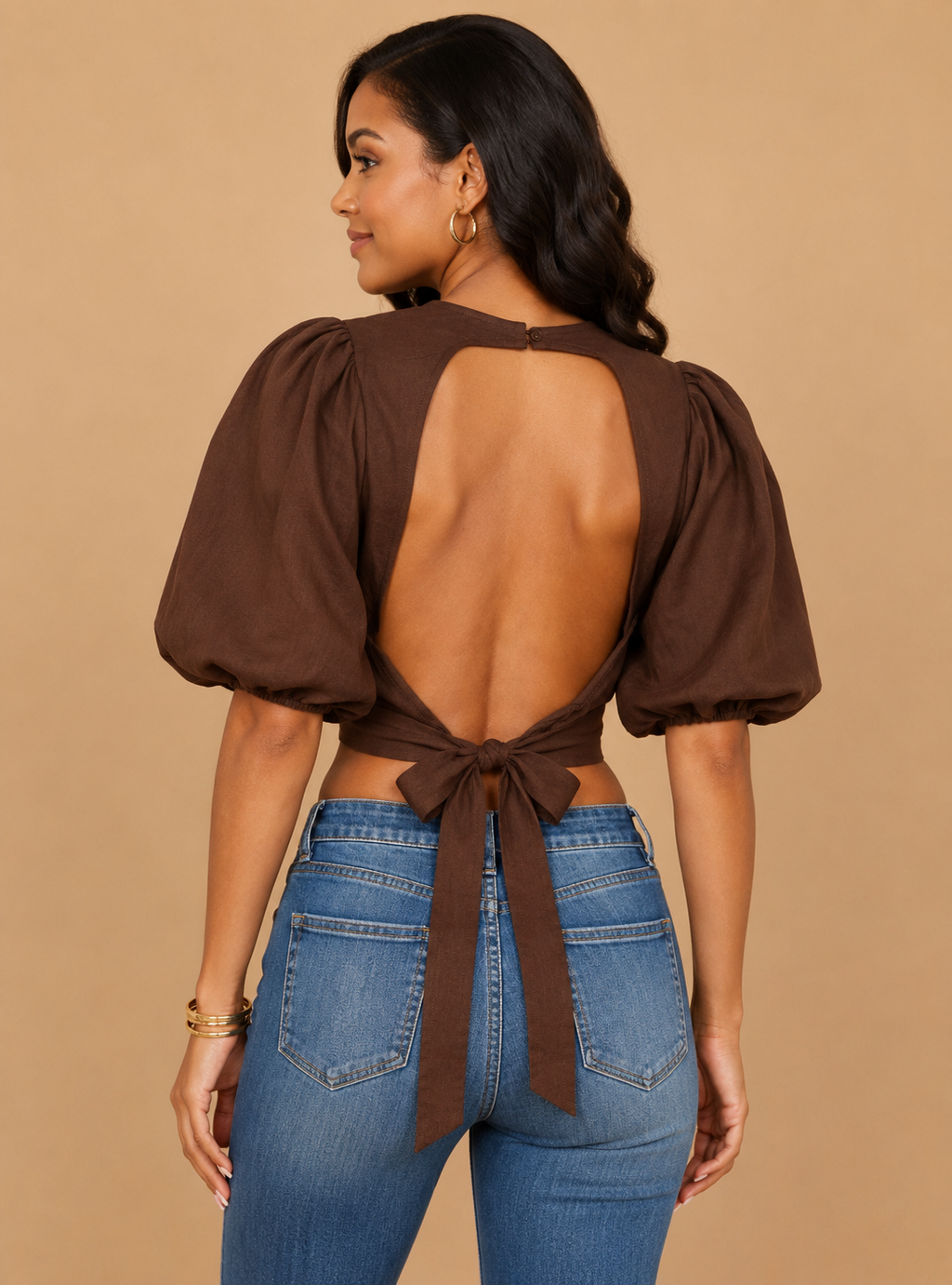 Kylie Chocolate Puff Sleeve Linen Top